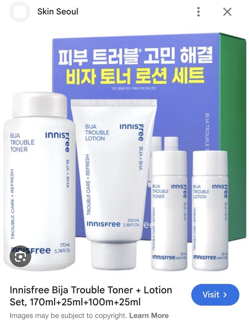 Innisfree Bija Trouble Toner + Lotion Set (Category: Face Care) located in Manila. Submitted by y2crunky (Listing ID 1451201590, Image 2). Description: 📌 includes: • Bija trouble toner 170 ml + 25 ml • Bija trouble lotion 100 ml + 25 ml 25 ml bottles are for travel! retail price: 1,424 PHP rfs: did not fit my skin type, 170 ml and 100 ml bottles were only used a few times. the 25 ml bottles have not been used. .