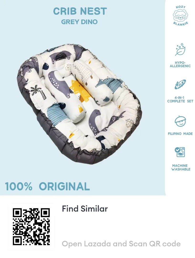 Kozy Blankie Crib Nest Grey Dino 4-in-1 Complete Set (Category: Cots & Cribs) located in Pasay City. Submitted by homefinds (Listing ID 1451237962, Image 2). Description: - Kozy Blankie Grey Dino Crib Nest - 4-in-1 complete set - Hypoallergenic and machine washable - Made in the Philippines - Ensures baby's comfort and security -Will give pillowcase and bedsheet for free.