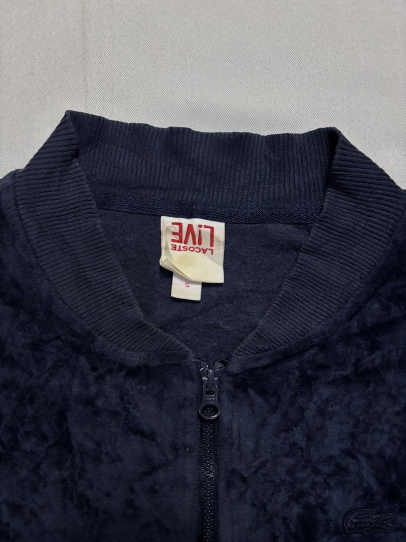 Lacoste Live Velour Bomber Jacket Navy Blue Size S (Category: Coats, Jackets and Outerwear) located in Baguio. Submitted by 8luck (Listing ID 1451244790, Image 3). Description: 19.5 ‘ 24 VERYGOOD CONDITION - parang medyo loose garters or need lang ng steam.