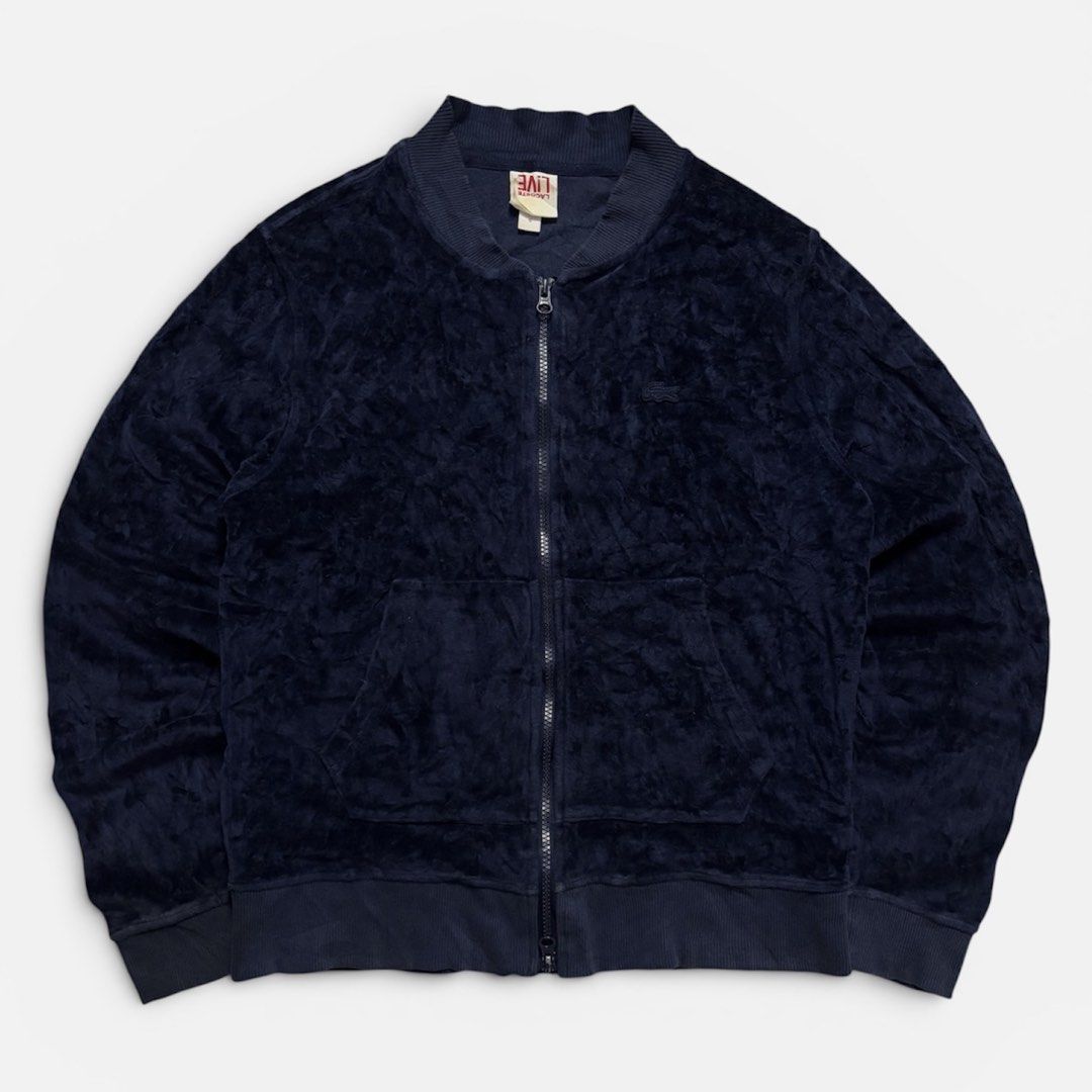 Lacoste Live Velour Bomber Jacket Navy Blue Size S (Category: Coats, Jackets and Outerwear) located in Baguio. Submitted by 8luck (Listing ID 1451244790, Image 1). Description: 19.5 ‘ 24 VERYGOOD CONDITION - parang medyo loose garters or need lang ng steam.