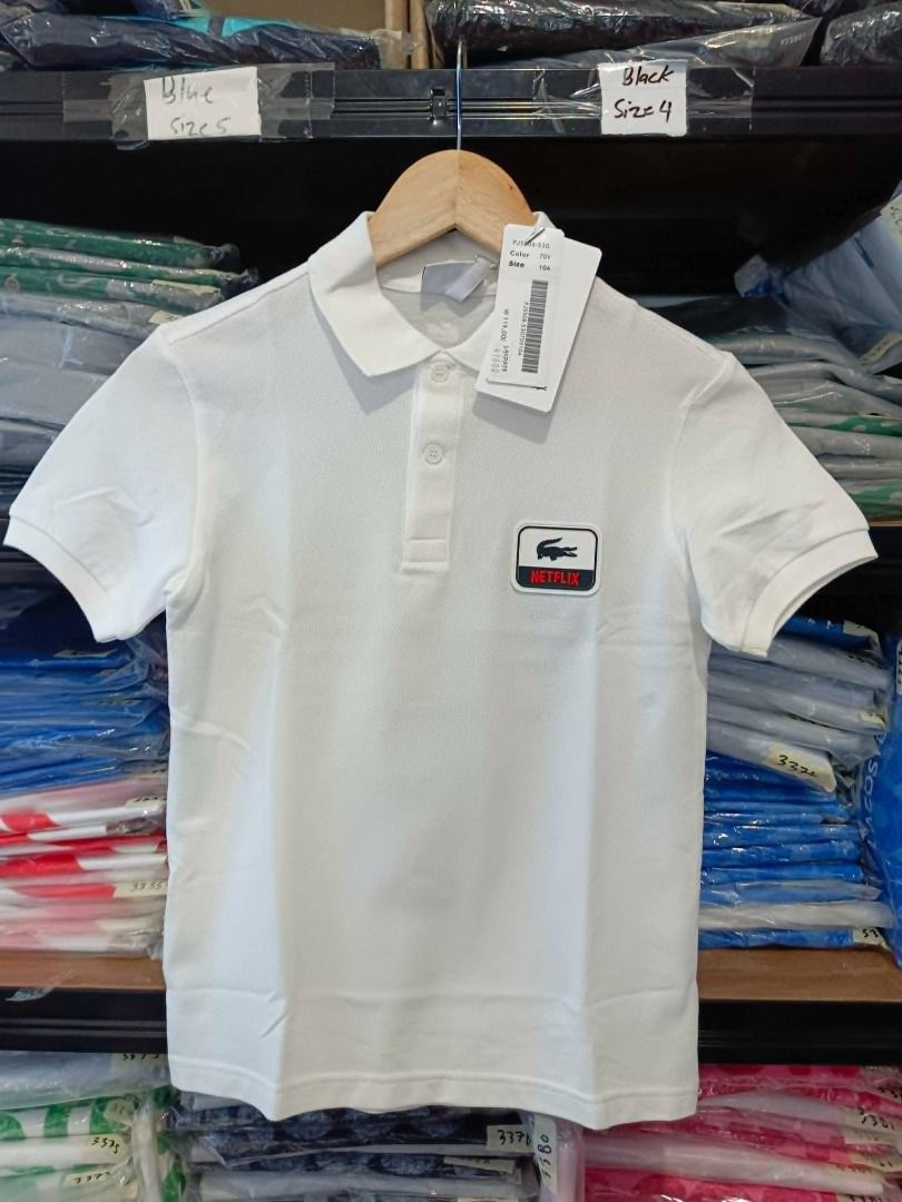 Lacoste x Netflix Kids Size 10A & 12A (Category: Babies & Kids Fashion) located in Santa Rosa. Submitted by omnicronzxc (Listing ID 1451283441, Image 1). Description: brandnew with tags ✅₱2,600 each add shipping JNT PO 🔴️Size 10A: 15.5 x 21 🔴️Size 12A: 16.5 x 22.5 .
