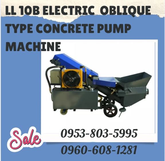 LL 10B electric oblique type concrete pump machine (Category: Construction Tools & Equipment) located in Aroroy. Submitted by 09602831019 (Listing ID 1451184795, Image 1). Description: ●Dimensions: 2 * 1* 1.4M ●Power: 15kw ●Conveying particle size: 0.5-3cm ●Conveying height: 20-25m ●Horizontal transportation: 40-50m ●Pipe diameter: 80mm ●Efficiency: 5-8 m3/H ●Voltage: 380 V3 phase .