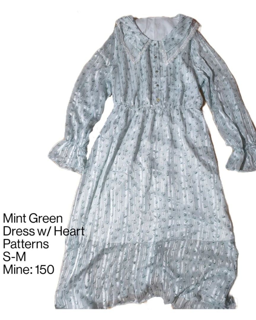 Mint Green Dress with Heart Patterns (Category: Dresses) located in Tarlac. Submitted by aoify__ (Listing ID 1451291916, Image 1). Description: - Adorable mint green dress - Cute heart pattern all over - Long sleeves with charming ruffled cuffs - Classic collared neckline - Comfortable elasticated waist - Fabric features a subtle striped texture.