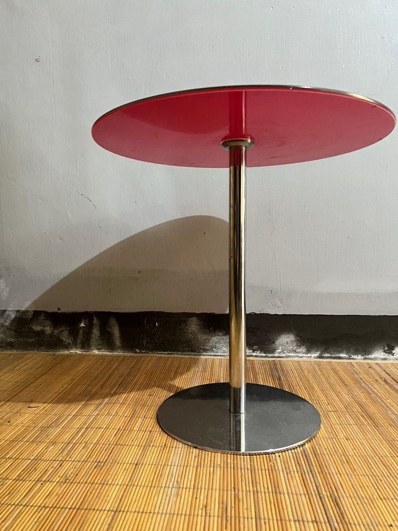 Modern Red Round Side Table with Chrome Base (Category: Tables & Sets) located in Quezon City. Submitted by elektra0111 (Listing ID 1451257338, Image 3). Description: - Bright red round side table - Sleek chrome pedestal base - Ideal for living rooms or as a bedside table - Compact size, perfect for smaller spaces - Dimensions: Height is 50cm/ top 50cm / base 30cm - Adds a pop of color to any room - Easy to clean surface - Alto Tonelli Design cof