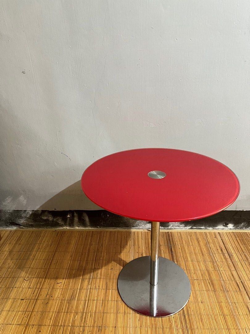 Modern Red Round Side Table with Chrome Base (Category: Tables & Sets) located in Quezon City. Submitted by elektra0111 (Listing ID 1451257338, Image 1). Description: - Bright red round side table - Sleek chrome pedestal base - Ideal for living rooms or as a bedside table - Compact size, perfect for smaller spaces - Dimensions: Height is 50cm/ top 50cm / base 30cm - Adds a pop of color to any room - Easy to clean surface - Alto Tonelli Design cof