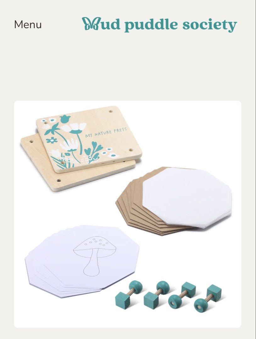 MUD PUDDLE SOCIETY Press Your Own Nature Press (Category: Craft Supplies & Tools) located in Manila. Submitted by gebraucht (Listing ID 1451149407, Image 3). Description: MUD PUDDLE SOCIETY Press Your Own Nature Press Includes: • 2 Wood Panels • 6 pcs Cardboard • 10 pcs Blotting Paper • 6 Art Templates • 4 Wood Screws and Nuts.