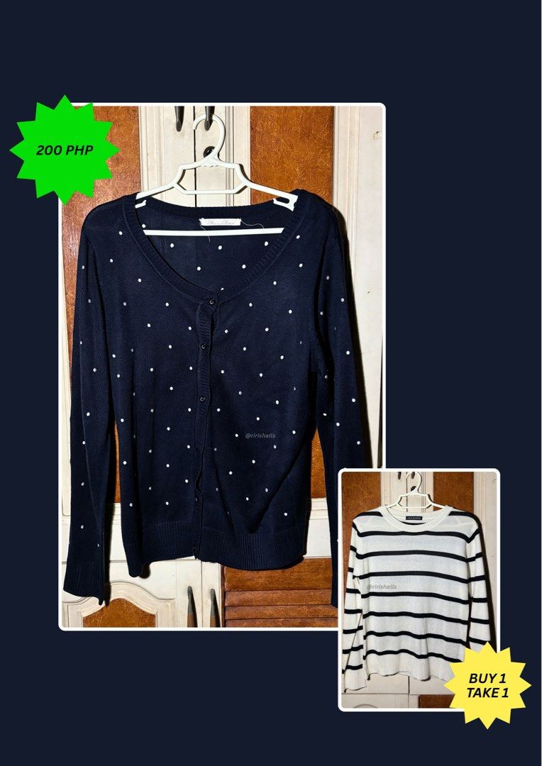 Navy Polka Dot Cardigan (Category: Longsleeves) located in Manila. Submitted by ririshells (Listing ID 1451304645, Image 1). Description: Buy 1 Take 1 ! Inclusions: (1) Striped Long Sleeve Shirt.