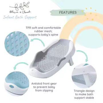 Olive & Cloud Infant Bath Support (Category: Bathtub & Bath Accessories) located in Manila. Submitted by lunalovegoodies (Listing ID 1451307375, Image 3). Description: - Olive & Cloud Infant Bath Support - Soft TPR rubber mesh for comfortable spine support - Anti-skid front gear to prevent slipping - Stable triangle design - Dimensions: 30cm x 50cm - Easy to assemble and fold.