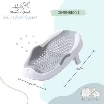 Olive & Cloud Infant Bath Support (Category: Bathtub & Bath Accessories) located in Manila. Submitted by lunalovegoodies (Listing ID 1451307375, Image 2). Description: - Olive & Cloud Infant Bath Support - Soft TPR rubber mesh for comfortable spine support - Anti-skid front gear to prevent slipping - Stable triangle design - Dimensions: 30cm x 50cm - Easy to assemble and fold.