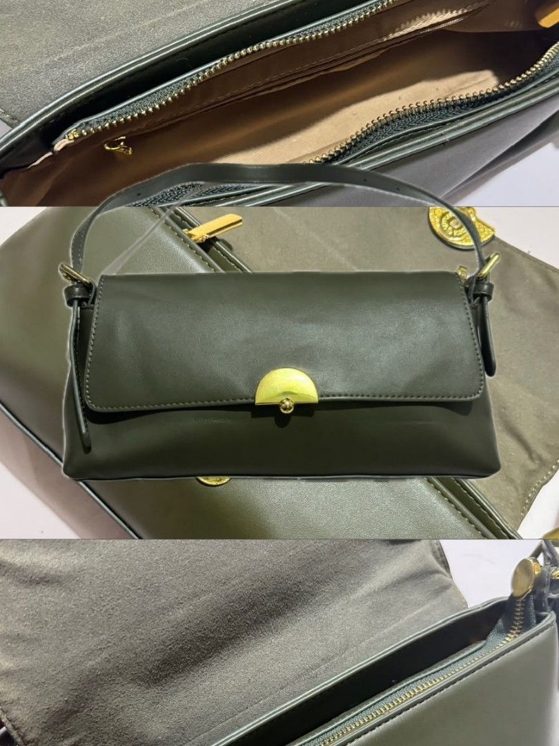 Olive Green Shoulder Bag with Gold Clasp (Category: Shoulder Bags) located in Pasig City. Submitted by chaiselects (Listing ID 1451274238, Image 2). Description: - Chic olive green shoulder bag - Elegant gold clasp closure on front flap - Interior zippered pocket for secure storage - Adjustable strap for comfortable wear - Ideal size for everyday essentials - Meticulously cleaned inside and out.