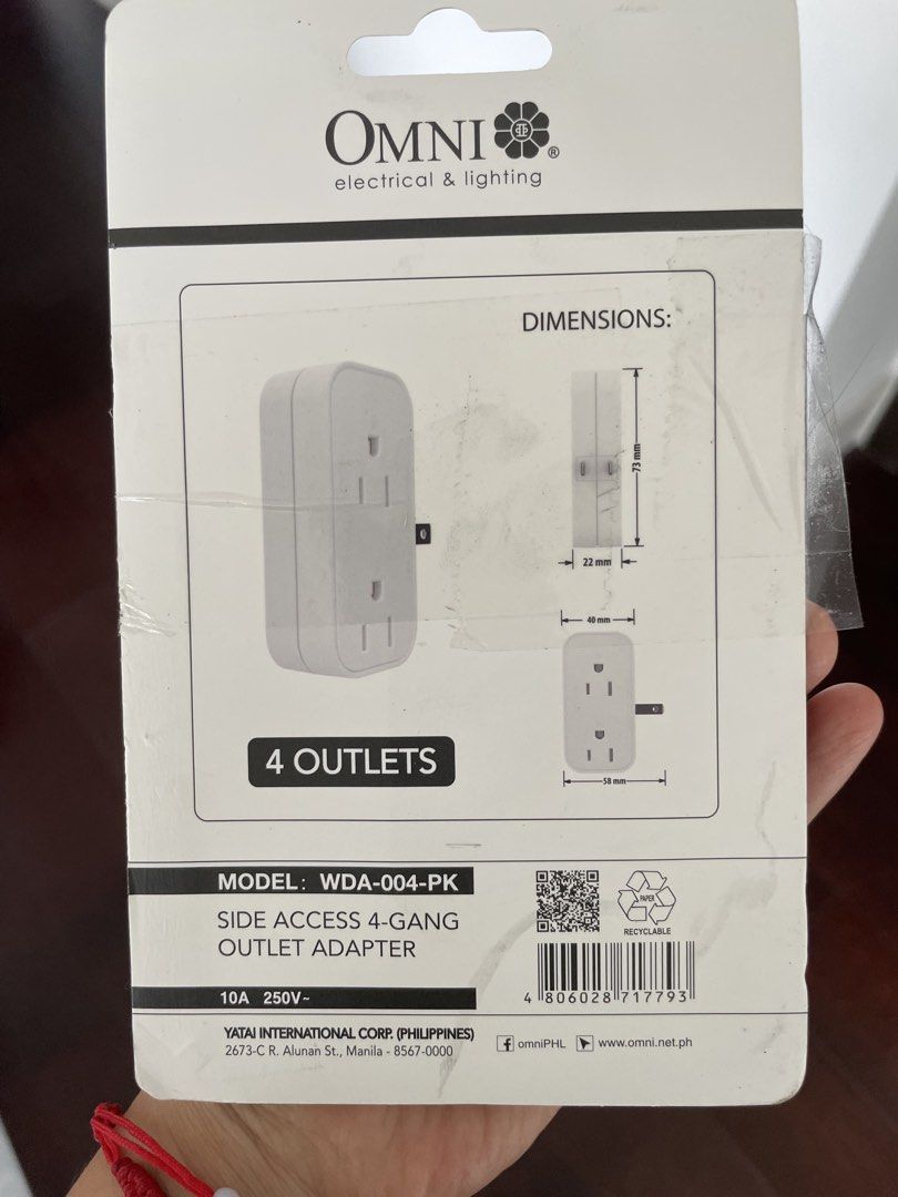 OMNI SIDE ACCESS 4 GANG OUTLET ADAPTOR (Category: Electrical, Adaptors & Sockets) located in Makati City. Submitted by madamchi (Listing ID 1451159384, Image 2). Description: OMNI SIDE ACCESS 4 GANG OUTLET ADAPTOR Brandnew and sealed Authentic item 1 used also available 100 pesos MOP: Gcash PICKUP: Makati City MEETUP: Glorietta by schedule NATIONWIDE SHIPPING also available via J&T .