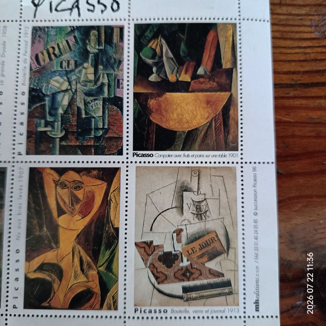 Picasso Art Stamp Sheet - Cubism Collection (Category: Art & Prints) located in Calasiao. Submitted by anthonypeter (Listing ID 1451160970, Image 3). Description: - Sheet of stamps featuring Picasso's cubist masterpieces. - Includes iconic works: 'Portrait d'Ambroise Vollard 1910', 'la grande Dryade 1908', 'Nu aux bras levés 1907', and 'Bouteille de Pernod 1912'. - Showcases other notable Picasso artworks. - Ideal for stamp collectors and art ent