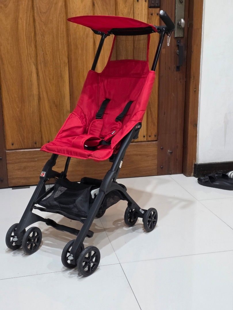 Pockit Foldable Travel Stroller (red) (Category: Strollers) located in Paranaque City. Submitted by gozomonster19 (Listing ID 1451308078, Image 1). Description: Easy to fold and carry. Great for travel or quick trips. Has a 5-point harness for safety. Storage basket underneath. Folds down small for storage, especially convenient on flights, but equally useful for mall runs..