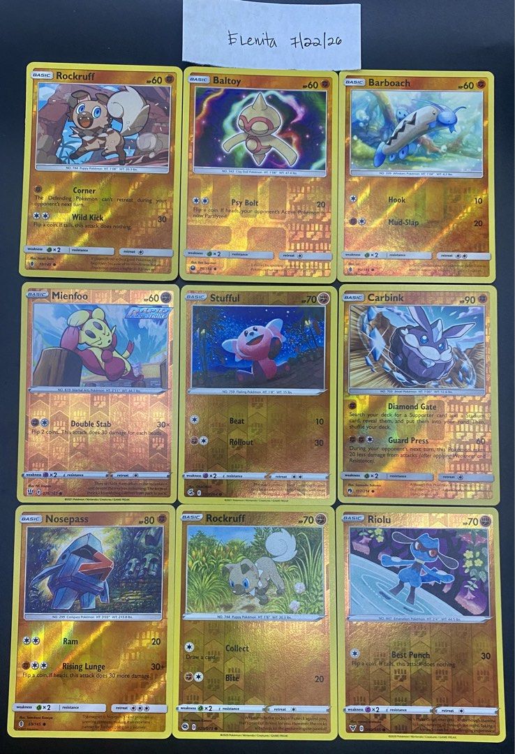 Pokemon TCG sale! (Category: Raw Singles) located in Angeles City. Submitted by lensongsong (Listing ID 1451302957, Image 2). Description: Cards never played NM Reverse Holo: Frame 1: 1.Baltoy 144 R.Holo - P10 (2021) 2.Onix 138 R.Holo - P15 (2021) 3.Hippopotas 093 R.Holo - P30 (2020) 4.Gible 112 R.Holo - P240 (2019) 5.Mudbray 77 R.Holo - P30 (2017) 6.Trapinch 040 R.Holo - P25 (2021) 7.Rolycoly 31 R.Holo - P30 (2020) 8.Rockruff 029 R.Holo - P30 (2