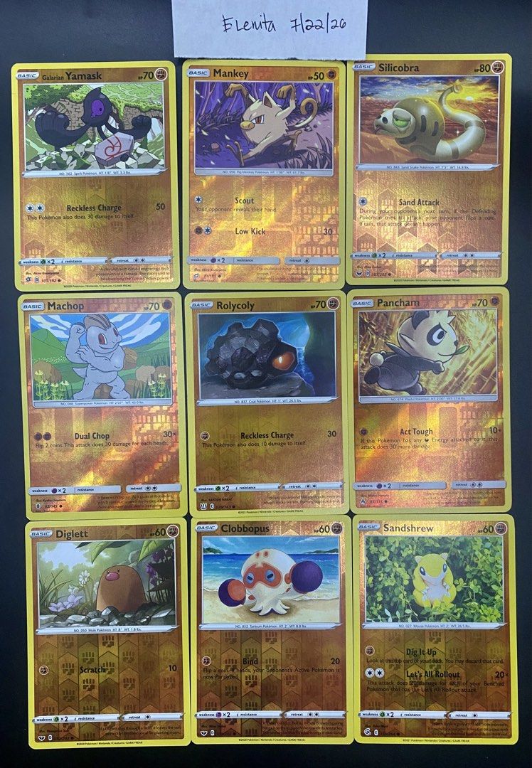 Pokemon TCG sale! (Category: Raw Singles) located in Angeles City. Submitted by lensongsong (Listing ID 1451302957, Image 3). Description: Cards never played NM Reverse Holo: Frame 1: 1.Baltoy 144 R.Holo - P10 (2021) 2.Onix 138 R.Holo - P15 (2021) 3.Hippopotas 093 R.Holo - P30 (2020) 4.Gible 112 R.Holo - P240 (2019) 5.Mudbray 77 R.Holo - P30 (2017) 6.Trapinch 040 R.Holo - P25 (2021) 7.Rolycoly 31 R.Holo - P30 (2020) 8.Rockruff 029 R.Holo - P30 (2