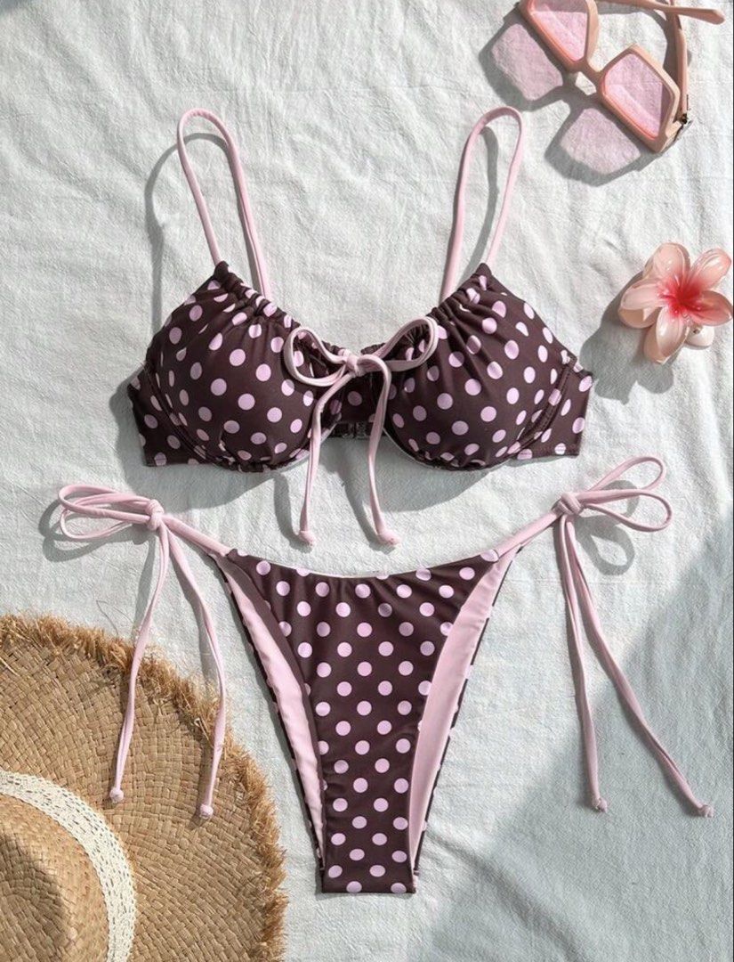 Polka Dot Bikini Set - Brown & Pink (Category: Bikinis & Swimsuits) located in Trece Martires City. Submitted by rubyjwle (Listing ID 1451224090, Image 1). Description: •used once •searchable on the app •Xs on tag 🪷Mode of payment: 💙Payment First thru Gcash/Maya/Mari 🪷Mode of delivery: ❤️Direct J&T express (buyer will shoulder sf).