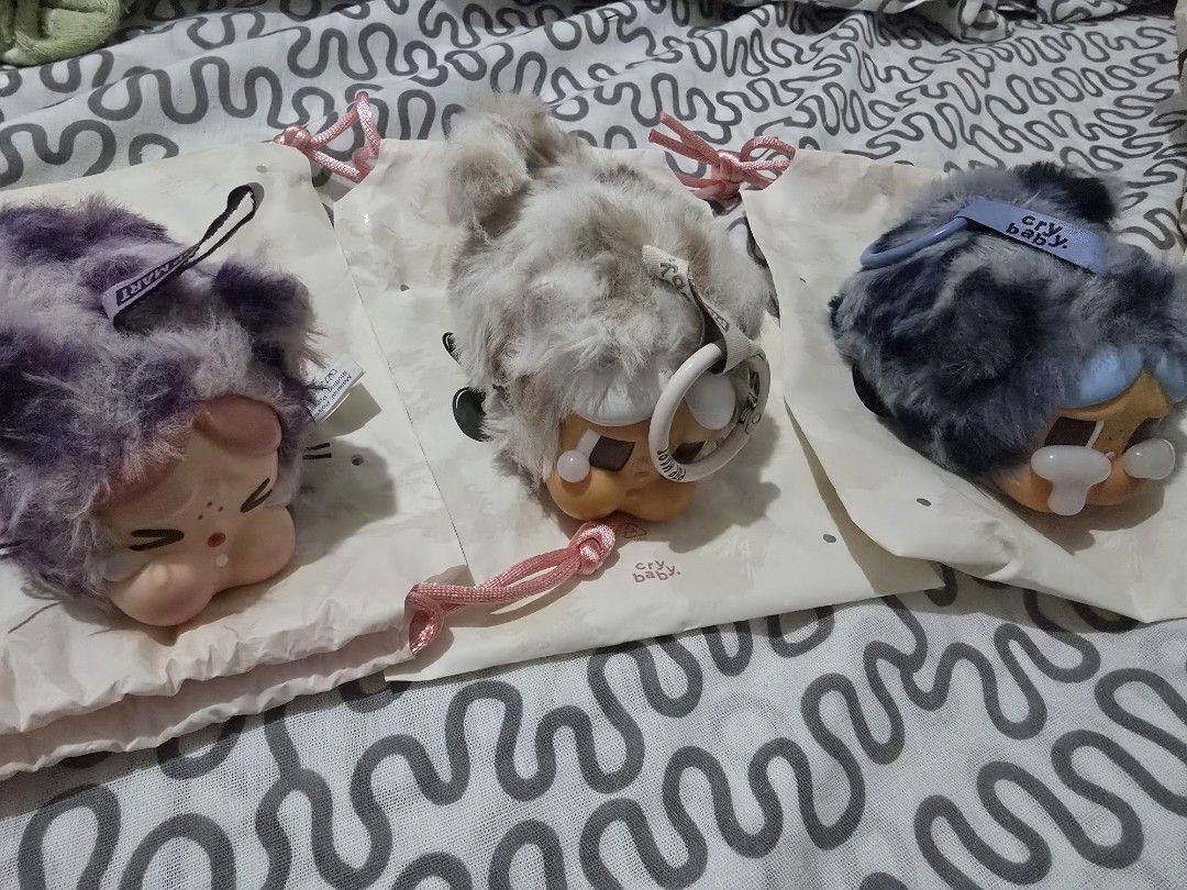 Pop Mart Cry Baby Plush Keychain Set (Category: Plushies & Soft Toys) located in Mandaluyong City. Submitted by mariasdesire (Listing ID 1451291421, Image 1). Description: - Set of 3 Pop Mart Cry Baby plush keychains - Features fluffy fur and adorable character designs - Each keychain comes with its original bag - Ideal for collectors or as a fun accessory 400 each.