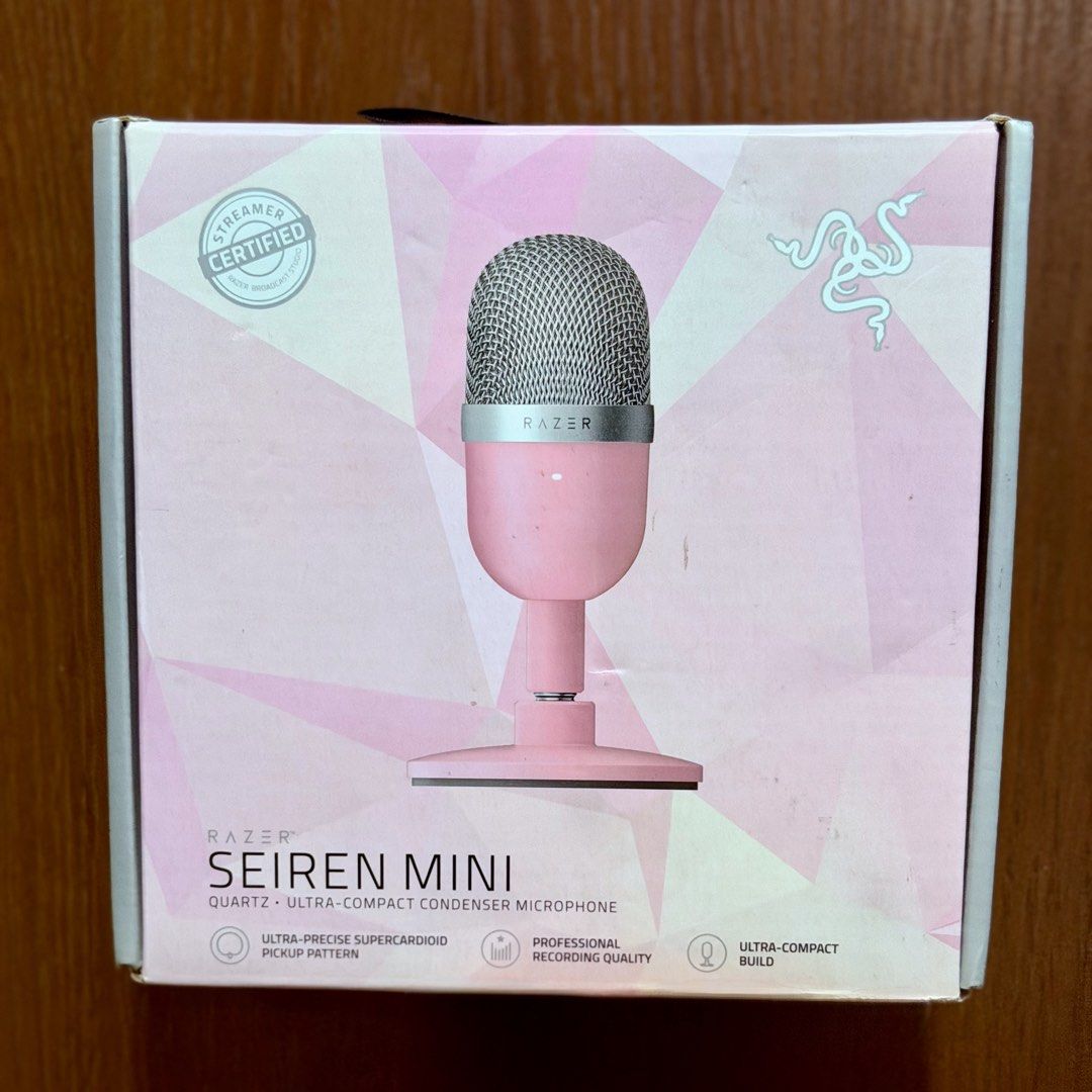 Razer Seiren Mini Quartz (Category: Microphones) located in San Pedro. Submitted by gugsy (Listing ID 1451271283, Image 1). Description: Razer Seiren Mini Microphone - Color: Quartz Pink - Ultra-compact condenser microphone - Ideal for streaming and recording - Ultra-precise Supercardioid pickup pattern (that reduces unwanted noise) - Professional recording quality (for crystal clear vocals) - Heavy duty tilting stand - Comes with all original pa