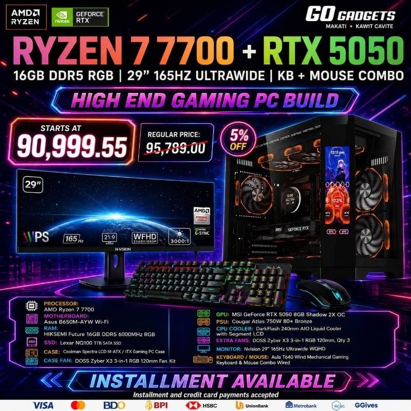 Ryzen 7 7700 RTX 5050 Gaming PC Build (Category: Desktops) located in Caloocan City. Submitted by brightfalcon.8419cc (Listing ID 1451243656, Image 1). Description: - High-end Gaming PC Build - Processor: AMD Ryzen 7 7700 - Graphics Card: NVIDIA RTX 5050 - Memory: 16GB DDR5 RGB RAM - Monitor: 29" 165Hz Ultrawide - Peripherals: Keyboard & Mouse Combo Included - Starting Price: ₱90,999.55 - Installment Plans Available with Various Payment Options.