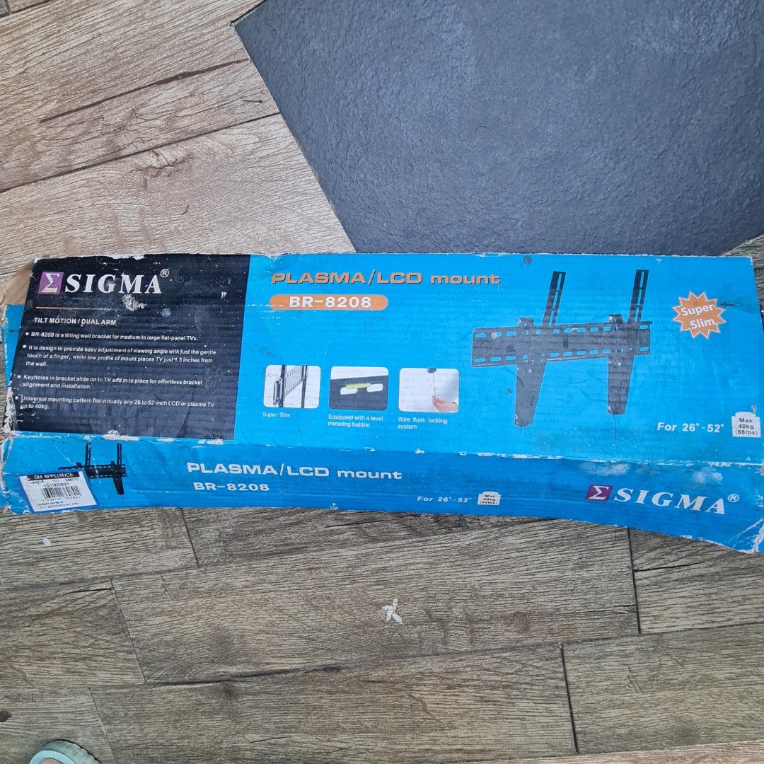 Sigma BR-8208 Tilting TV Wall Mount Bracket (26" – 52") (Category: TV Parts & Accessories) located in Guiguinto. Submitted by heart143214 (Listing ID 1451261205, Image 1). Description: Brand: Sigma Model: BR-8208 Condition: Like New / Complete Set (Includes original box, mounting plate with built-in bubble level, dual arms, and complete set of screws/wall plugs) ​Key Features: ​TV Size Compatibility: Fits 26" to 52" LCD / LED / Plasma TVs ​Max We