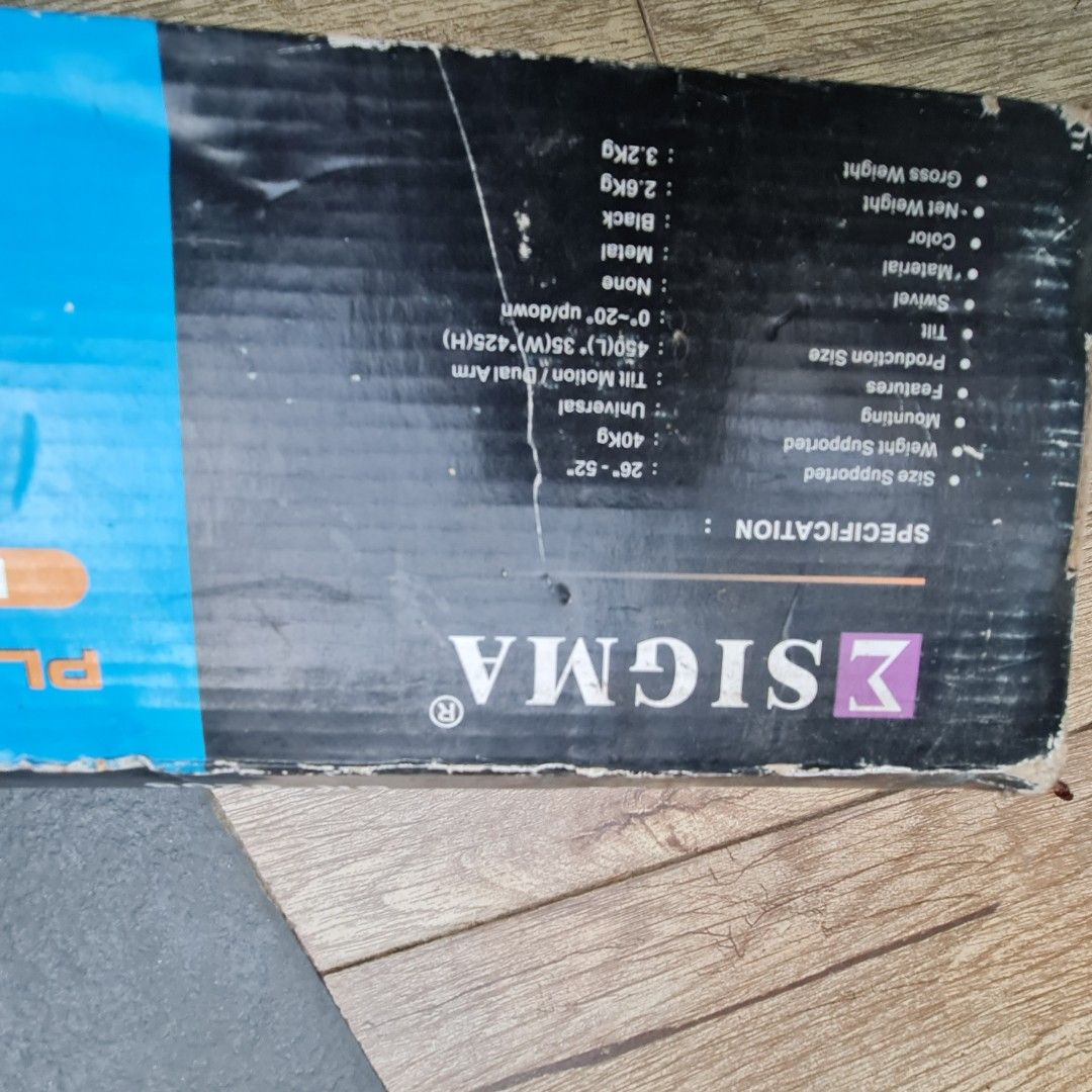 Sigma BR-8208 Tilting TV Wall Mount Bracket (26" – 52") (Category: TV Parts & Accessories) located in Guiguinto. Submitted by heart143214 (Listing ID 1451261205, Image 3). Description: Brand: Sigma Model: BR-8208 Condition: Like New / Complete Set (Includes original box, mounting plate with built-in bubble level, dual arms, and complete set of screws/wall plugs) ​Key Features: ​TV Size Compatibility: Fits 26" to 52" LCD / LED / Plasma TVs ​Max We