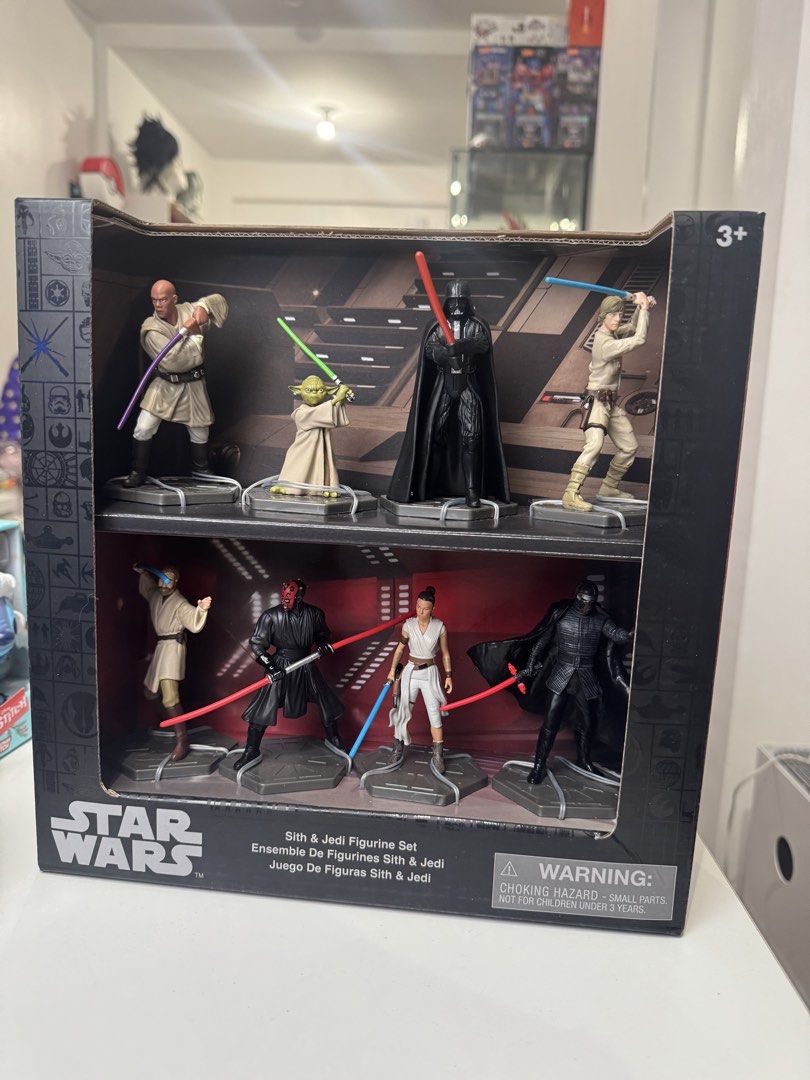 Star Wars Sith & Jedi Figurine Set (Category: Figurines & Statues) located in Pasig City. Submitted by biakiin (Listing ID 1451240483, Image 1). Description: - Complete Disney Star Wars Sith & Jedi figurine set - Features 8 iconic characters: Mace Windu, Yoda, Darth Vader, Luke Skywalker, Obi-Wan Kenobi, Darth Maul, Rey, and Kylo Ren - Ideal for any Star Wars enthusiast or collector - All figures are brand new and sealed in their original packagi