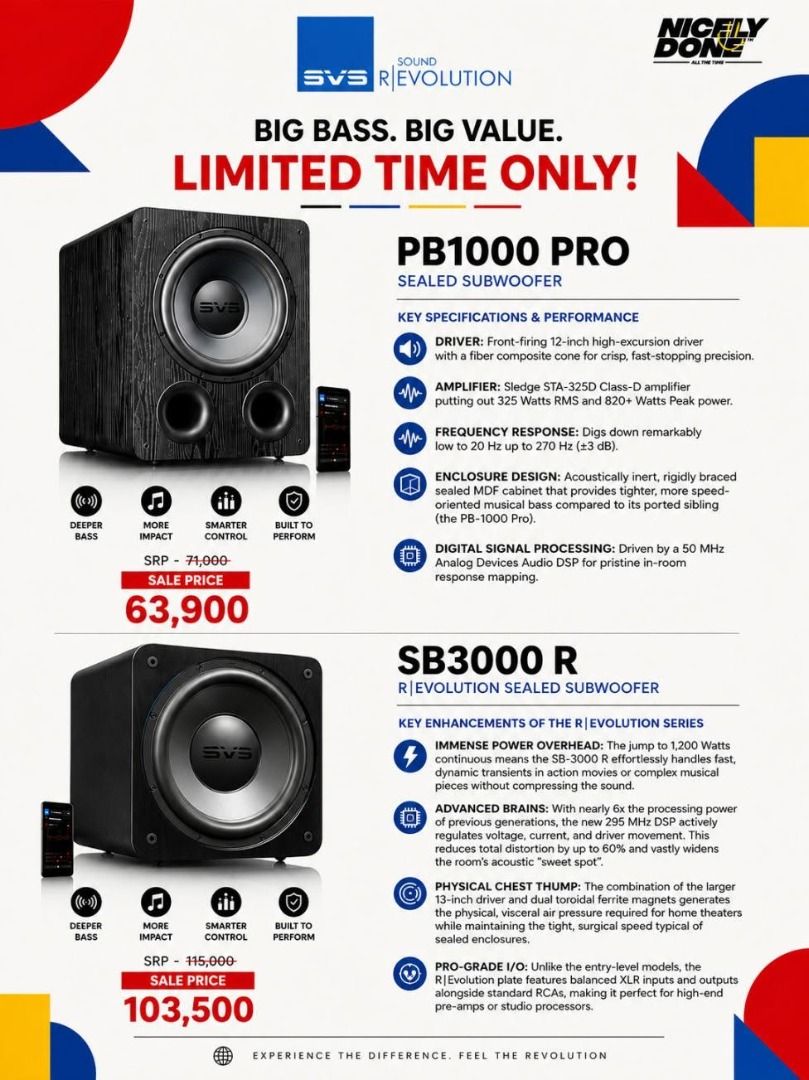 SVS (Category: Soundbars, Speakers & Amplifiers) located in Quezon City. Submitted by nicelydonemla168 (Listing ID 1451161556, Image 3). Description: SVS Mid-Year Sale. Big Bass. Big Value. Limited Time Only. 💥🔊 You've been eyeing that subwoofer upgrade for a while now. This is your sign. 🖤✨ SVS — Sound Revolution is on sale at NicelyDone, and we're talking up to 15% off on some of the most respected subwoofers in the game. The kind of bass th