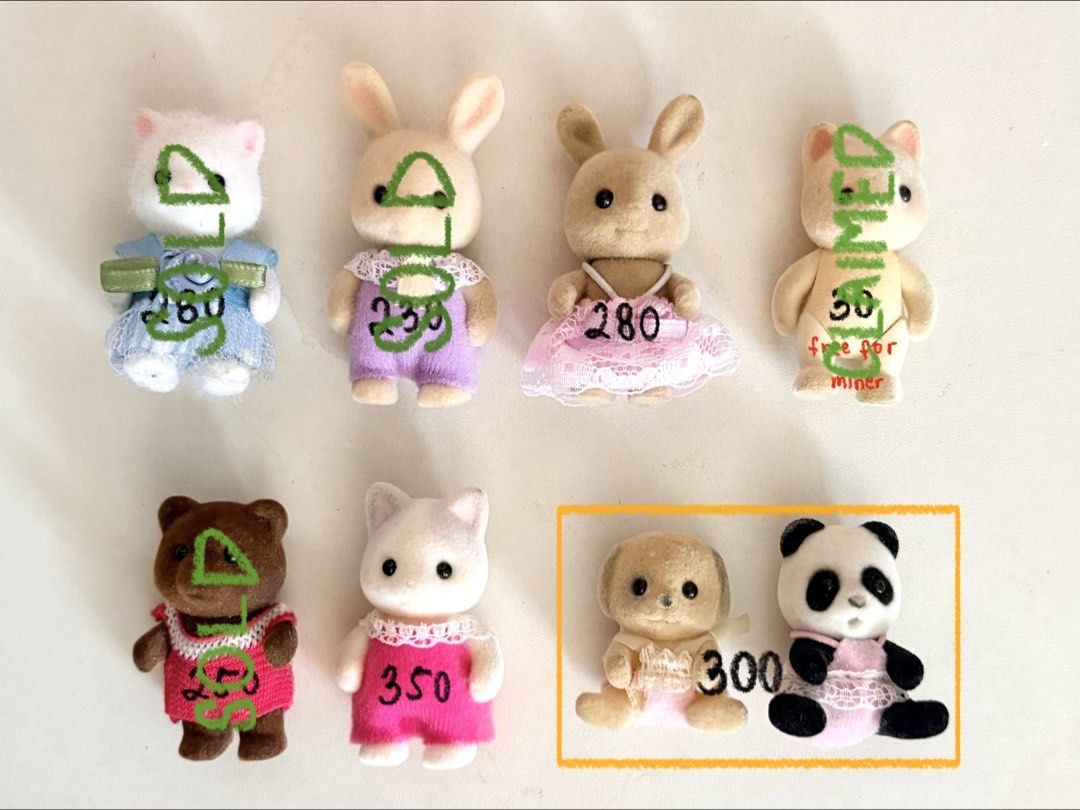 Sylvanian Families Assorted (Ivory Rabbit, Latte Cat, Ivory Dog, Wilder Panda Toddler), Clothes, Owl House (Category: Kids Toys) located in Cavite. Submitted by matxhaffe (Listing ID 1444620706, Image 1). Description: DECLUTTERING SYLVANIAN FAMILIES (tingi or build ur own set) prices in pic (will give discount if getting 2 or more critters) condition in comment section prio PAYO, getting the sitting toddlers, and owl house ♡ wysiwyg includes free