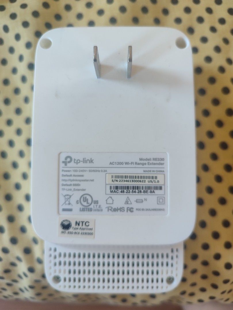 TP-Link RE330 AC1200 Wi-Fi Range Extender (Category: Networking) located in Imus. Submitted by PeterBee711 (Listing ID 1451208976, Image 1). Description: Specs: Model: RE330 AC1200 Dual Band (2.4G + 5G) Faster than RE215 — up to 867Mbps on 5GHz Plug-in design, easy to set up Compatible with any router/ISP Default access: tplinkrepeater.net Power: 100–240V (works with PH outlets) NTC Type Approved ✅ Condition: Used, good working condition What's i