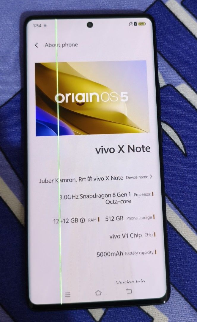 Vivo X Note 5G 12/512 GB (Category: Vivo) located in Marikina City. Submitted by jbrrt (Listing ID 1451184021, Image 1). Description: 168.8 x 80.3 x 8.4 mm (6.65 x 3.16 x 0.33 in) Weight 216 / 221 g (7.62 oz) SIM Nano-SIM IP68 dust tight and water resistant (immersible up to 1.5m for 30 min) Display Type LTPO AMOLED, 120Hz, HDR10+ Size 7.0 inches, 121.3 cm2 (~89.5% screen-to-body ratio) Resolution 1440 x 3080 pixels (~486 ppi density) issue: May 