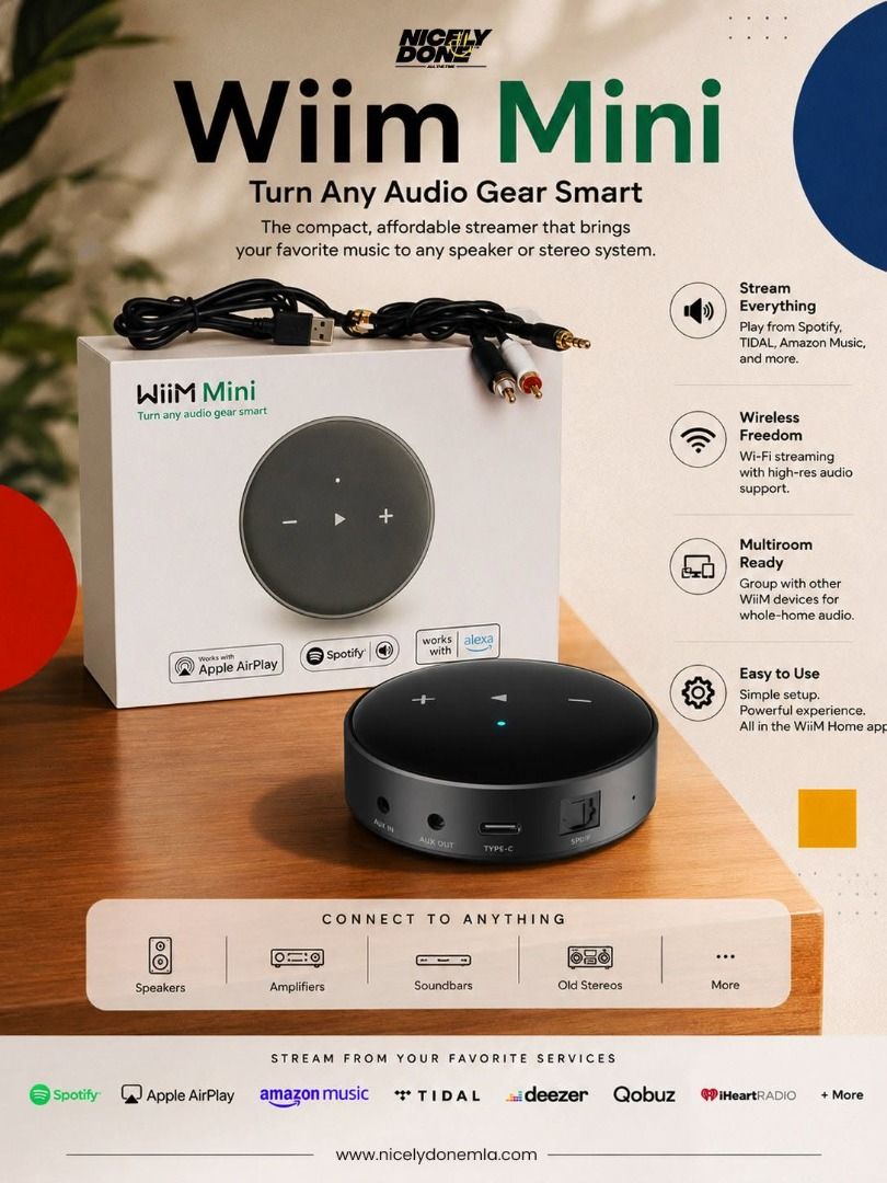 Wiim Mini (Category: Soundbars, Speakers & Amplifiers) located in Quezon City. Submitted by nicelydonemla168 (Listing ID 1451162380, Image 3). Description: 🎵✨ WiiM Mini. Your Existing Setup Just Got a Whole Lot Smarter. ✨🎵 You already have the speakers. You already have the amplifier. You already have the stereo system you love. What if you could make all of it — smarter? 📱🔊✨ That's exactly what the WiiM Mini does. One small device. Plugs rig
