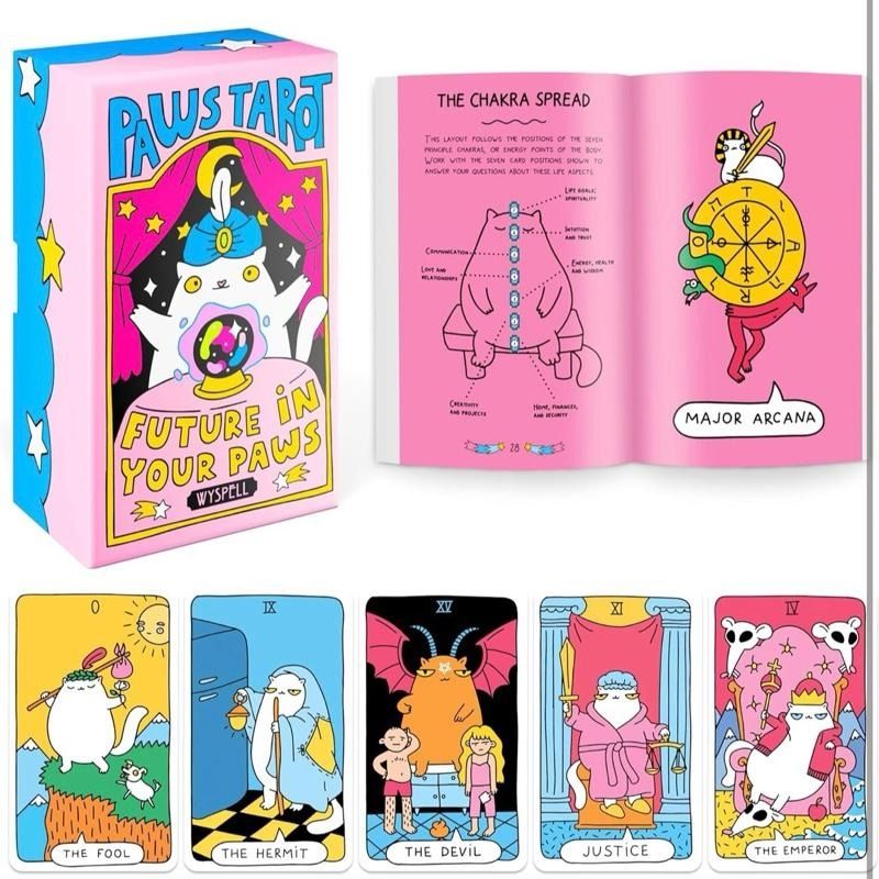 Wyspell Paws Tarot (Cat Tarot Cards with Guide Book) - AUTHENTIC (Category: Storybooks) located in Bacoor. Submitted by tarotstarofaquarius (Listing ID 1451303554, Image 2). Description: Customers love these tarot cards for their adorable cat-themed design and well-crafted quality. The deck features gold gilded edges, and the included booklet is full of helpful information. Customers appreciate the vibrant colors, great artwork, and find them eas