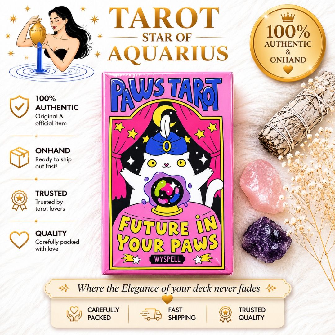 Wyspell Paws Tarot (Cat Tarot Cards with Guide Book) - AUTHENTIC (Category: Storybooks) located in Bacoor. Submitted by tarotstarofaquarius (Listing ID 1451303554, Image 1). Description: Customers love these tarot cards for their adorable cat-themed design and well-crafted quality. The deck features gold gilded edges, and the included booklet is full of helpful information. Customers appreciate the vibrant colors, great artwork, and find them eas