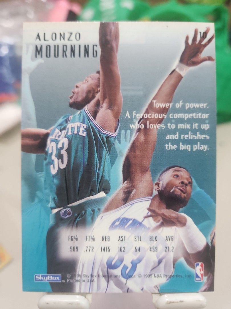 NBA card 1994 E Motion Alonzo Mourning Skybox Basketball Card (Category: Raw Singles) located in Aguinaldo. Submitted by gwift (Listing ID 1451354134, Image 2). Description: - 1994 Skybox E Motion basketball card - Features Alonzo Mourning - From the Unleashed series - Depicts Mourning in his Charlotte Hornets uniform - Perfect for basketball card collectors.