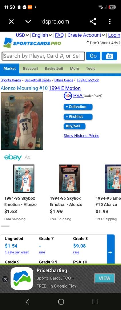 NBA card 1994 E Motion Alonzo Mourning Skybox Basketball Card (Category: Raw Singles) located in Aguinaldo. Submitted by gwift (Listing ID 1451354134, Image 3). Description: - 1994 Skybox E Motion basketball card - Features Alonzo Mourning - From the Unleashed series - Depicts Mourning in his Charlotte Hornets uniform - Perfect for basketball card collectors.