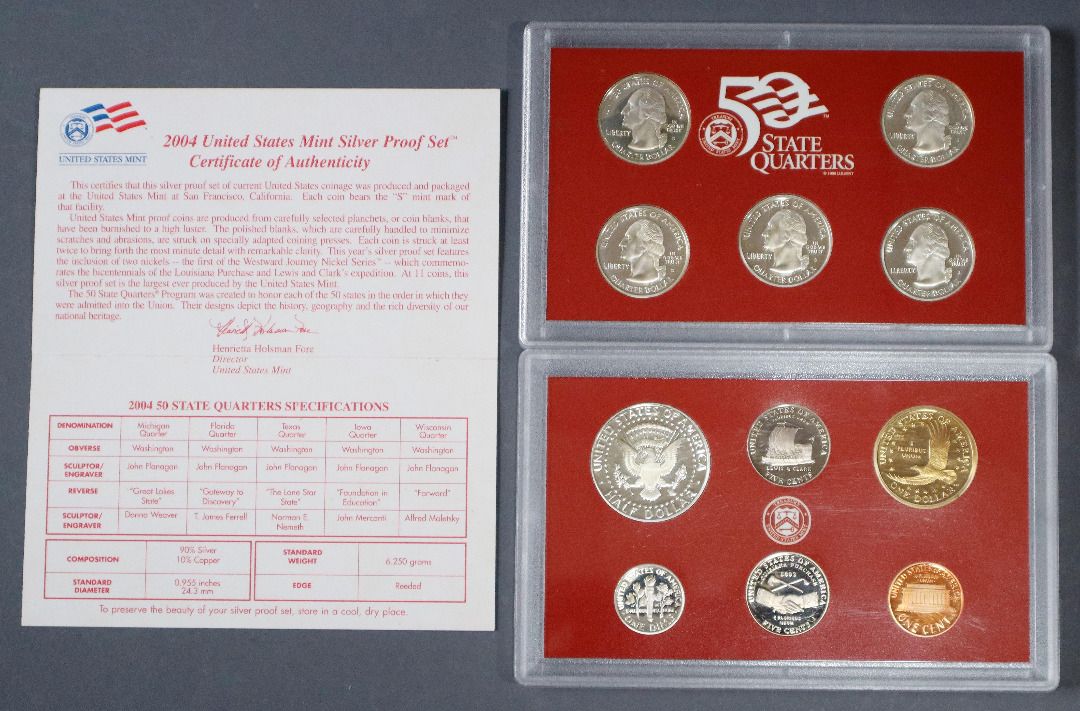 2004 United States Mint Silver Proof Set FLORIDA (Category: Currency) located in Caloocan City. Submitted by oldbestseller72 (Listing ID 1451334952, Image 1). Description: - 2004 United States Mint Silver Proof Set - Features State Quarters and other US Mint coins - Comes with Certificate of Authenticity - All coins are in protective cases - Ideal for coin collectors - Outer box shows some signs of wear.