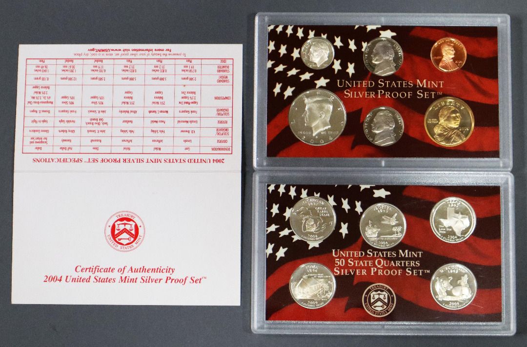 2004 United States Mint Silver Proof Set TEXAS (Category: Currency) located in Caloocan City. Submitted by oldbestseller72 (Listing ID 1451335869, Image 2). Description: - 2004 United States Mint Silver Proof Set - Includes standard proof set - Includes 50 State Quarters Silver Proof Set - All coins in original packaging - Certificate of Authenticity included - Ideal for coin collectors.