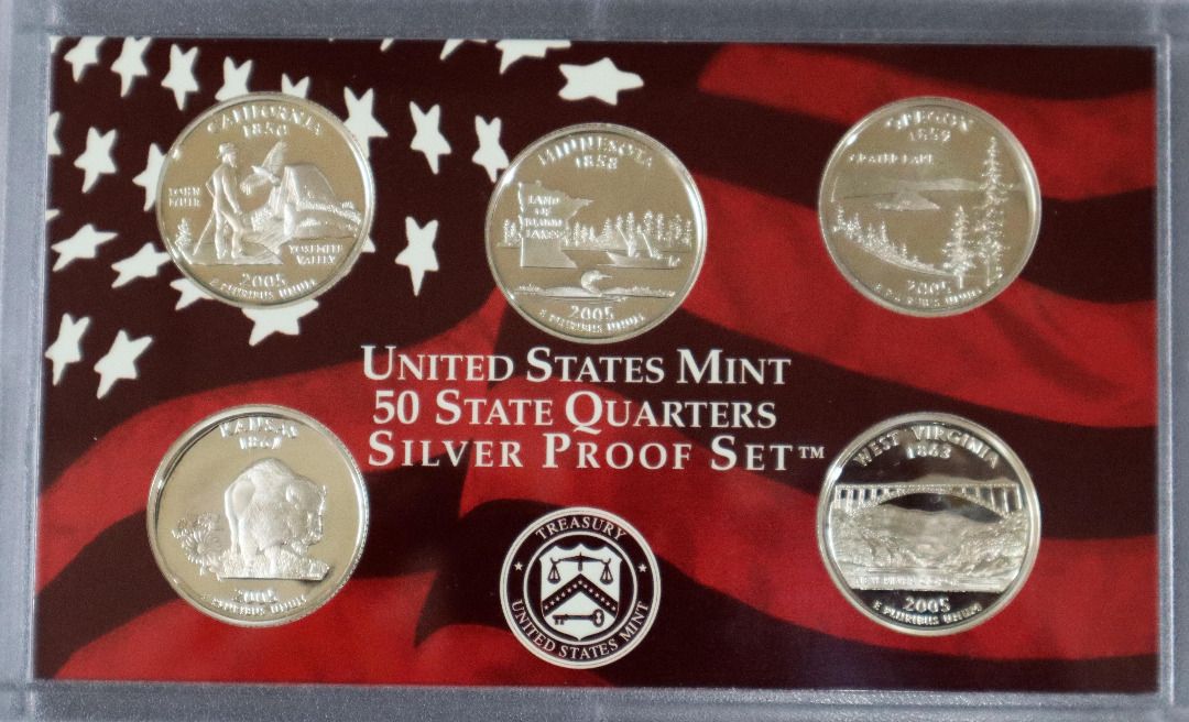 2005 United States Mint Silver Proof Set CALIFORNIA (Category: Currency) located in Caloocan City. Submitted by oldbestseller72 (Listing ID 1451336741, Image 3). Description: - 2005 United States Mint Silver Proof Set - Includes the 50 State Quarters Silver Proof Set - Includes the regular Silver Proof Set - Comes with Certificate of Authenticity (COA) - Ideal for coin collectors - Outer box shows some signs of wear.