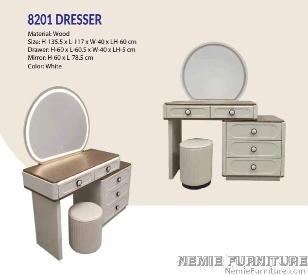 8201 Wood Dresser with Stool (Category: Other Home Furniture) located in Quezon City. Submitted by nemiefurniture (Listing ID 1451365526, Image 1). Description: - White wooden dresser - 5 drawers: 2 on top, 3 on the side - Includes round mirror with LED light - Comes with a matching stool - Ideal for organizing your space https://nemiefurniture.com Prices negotiable .
