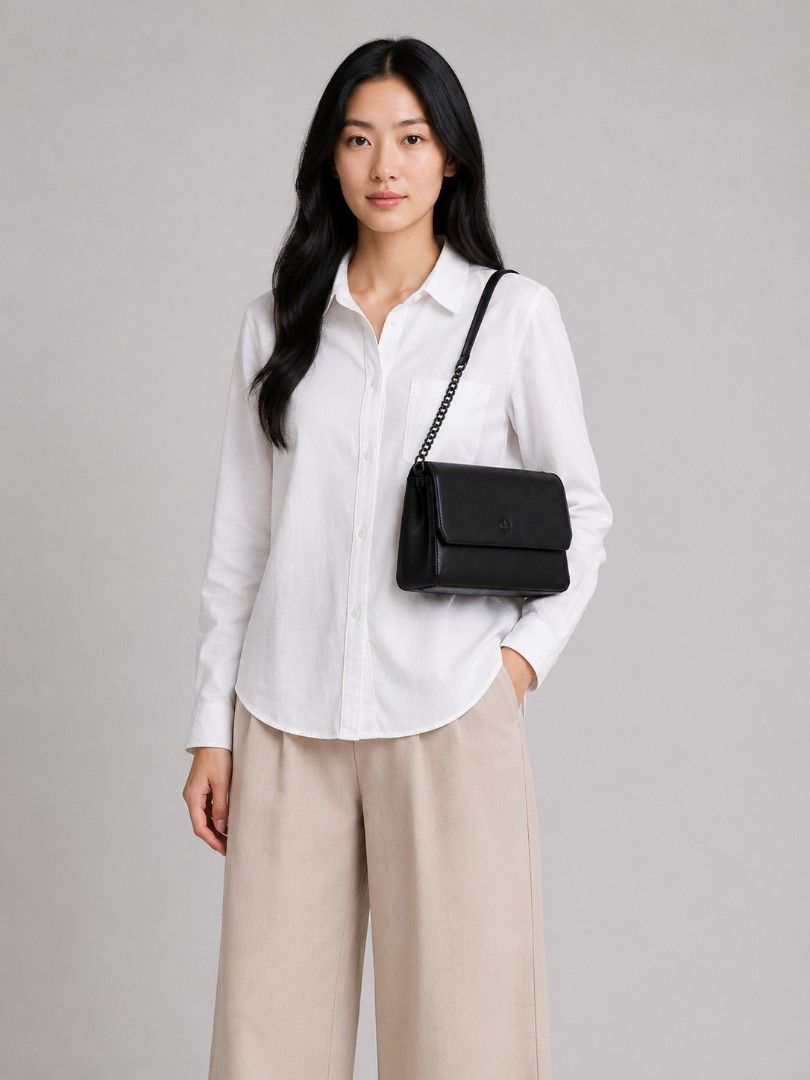 Anne Klein Structured Aesthetic Shoulder Bag (SRP: $70-$100) (Category: Shoulder Bags) located in San Miguel. Submitted by skirt_girlph (Listing ID 1451378360, Image 1). Description: Flap-style structured aesthetic black shoulder bag. Has 2 compartments with inside and back pockets. Has minimal hair lines on opening hardware. Has an unnoticeable mark on the right side of the flap but it can be cleaned (see last photo). Overall like new condition.