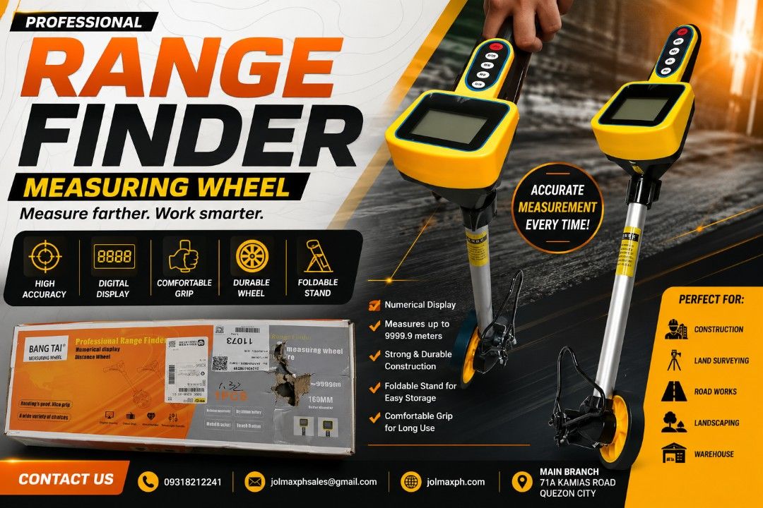 Bangta Professional Range Finder Measuring Wheel (Category: Looking For) located in Quezon City. Submitted by and_reaaaa11 (Listing ID 1451361938, Image 1). Description: - Professional range finder measuring wheel for accurate measurements. - Measures up to 9999.9 meters with a clear numerical display. - Strong and durable construction for long-lasting use. - Foldable stand for convenient storage. - Comfortable grip for extended use..