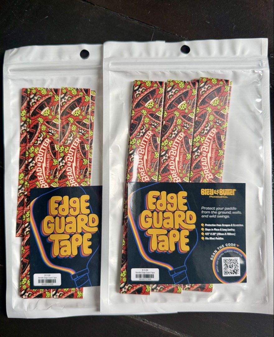 Bread & Butter Pickleball Edge Guard Tape - Multiple Designs (Category: Racket and Ball Sports) located in Manila. Submitted by raven810 (Listing ID 1442112652, Image 2). Description: - Protect your pickleball paddle with Bray & Butter edge guard tape. - Guards against damage from ground, walls, and wild swings. - Each pack includes tape for one paddle. - Available in multiple cool designs (tie-dye, tropical leaves, wavy patterns). - Easy to appl