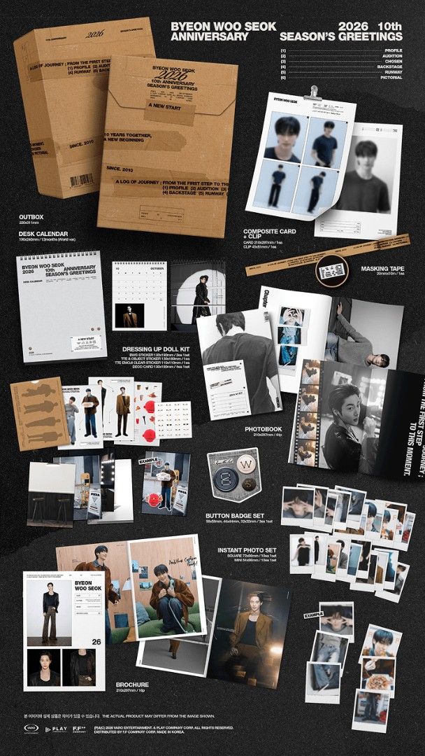 SEALED BYEON WOOSEOK - Season's Greetings 2026 (Category: K-Wave Merchandise) located in Valenzuela. Submitted by objectivevirus9685 (Listing ID 1451502425, Image 2). Description: - Byeon Woo Seok 2026 10th Anniversary Season's Greetings - Includes: Outbox, Composite Card, Clip, Desk Calendar, Photobook, Brochure, Instant Photo Set, Dressing Doll Kit, Masking Tape, Button Badge Set - Weverse POB Photocard Included - SEALED & BRAND NEW - ON HAND -