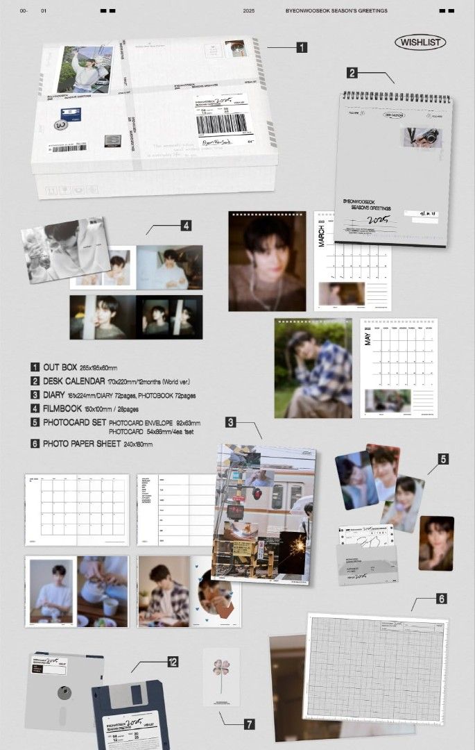 SEALED BYEON WOOSEOK - Seasons Greetings 2025 (Category: K-Wave Merchandise) located in Valenzuela. Submitted by objectivevirus9685 (Listing ID 1451502627, Image 2). Description: - Byeon Wooseok 2025 Wishlist Seasons Greetings - Includes: Out box, desk calendar, diary, film book, photocard set, photo paper sheet, lucky bookmark, paper holder, mini poster set, A4 photo set, instant photo set, and making film. - BRAND NEW / SEALED (RARE) - ON HAND 