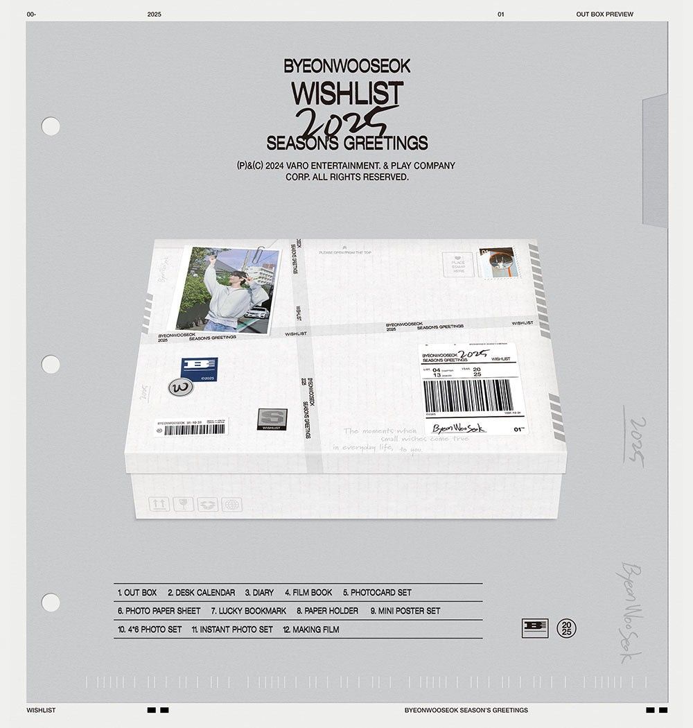 SEALED BYEON WOOSEOK - Seasons Greetings 2025 (Category: K-Wave Merchandise) located in Valenzuela. Submitted by objectivevirus9685 (Listing ID 1451502627, Image 1). Description: - Byeon Wooseok 2025 Wishlist Seasons Greetings - Includes: Out box, desk calendar, diary, film book, photocard set, photo paper sheet, lucky bookmark, paper holder, mini poster set, A4 photo set, instant photo set, and making film. - BRAND NEW / SEALED (RARE) - ON HAND 