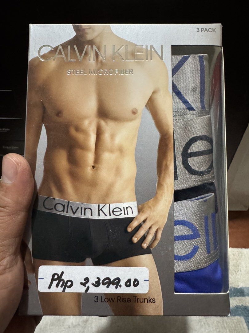 Calvin Klein Steel Microfiber 3 Pack Low Rise Trunks (Category: Underwear) located in Caloocan City. Submitted by rodelramos.rivera (Listing ID 1451514877, Image 2). Description: - 3-pack Calvin Klein Steel Microfiber low rise trunks - Size: S - Colors: Black, Grey, Blue - Brand: Calvin Klein - Material: Microfiber - Style: Low Rise - Great quality and comfortable - 38 boxes available .