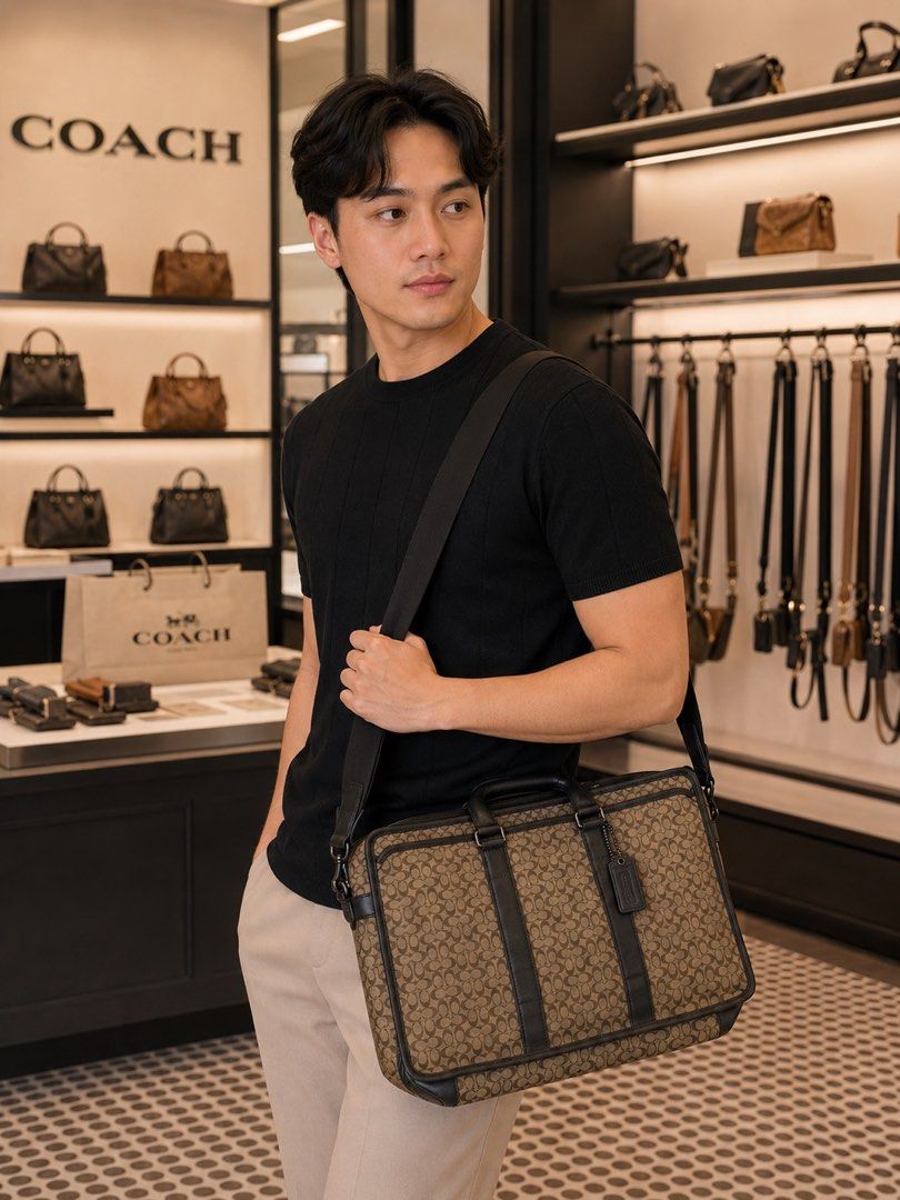 COACH MESSENGER BAG (Category: Briefcases) located in Dagupan City. Submitted by casadebayongph (Listing ID 1451326542, Image 1). Description: - Classic Coach monogram briefcase - Signature tan and brown pattern - Genuine leather trim and handles - Includes detachable shoulder strap - Ample space for work essentials - Ideal for daily use or travel.