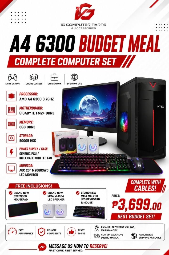 computer set (Category: Desktops) located in Manila. Submitted by hahna_kim.ortiguez04 (Listing ID 1451389527, Image 2). Description: 💻 A4 6300 Budget Meal Computer Set 💻 ✅ AMD A4 6300 3.7GHZ PROCESSOR ✅ GIGABYTE FM2+ DDR3 MOTHERBOARD ✅ 8GB DDR3 RAM MEMORY ✅ 500GB HDD STORAGE ✅ GENERIC PSU / INTEX CASE WITH LED FAN 🖥️ AOC 20' M2060SWD LED MONITOR ✔ COMPLETE WITH CABLES! 🎁 FREE INCLUSIONS: ✅ BRAND NEW EXTENDED MOUSEPAD ✅ BRAND NEW MMA M-1054 L
