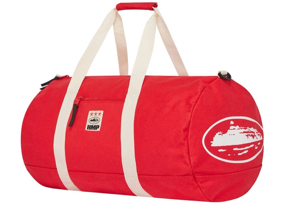 Corteiz HMP Red Duffle Bag with Shoulder Strap (Category: Backpacks) located in Makati City. Submitted by thankyoupayme (Listing ID 1451428223, Image 3). Description: - Brand new red duffel bag from HMP - Two side pockets with graphic prints - Detachable shoulder strap included - Main compartment with zip closure - Ideal for gym sessions or travel - Original tag still attached.