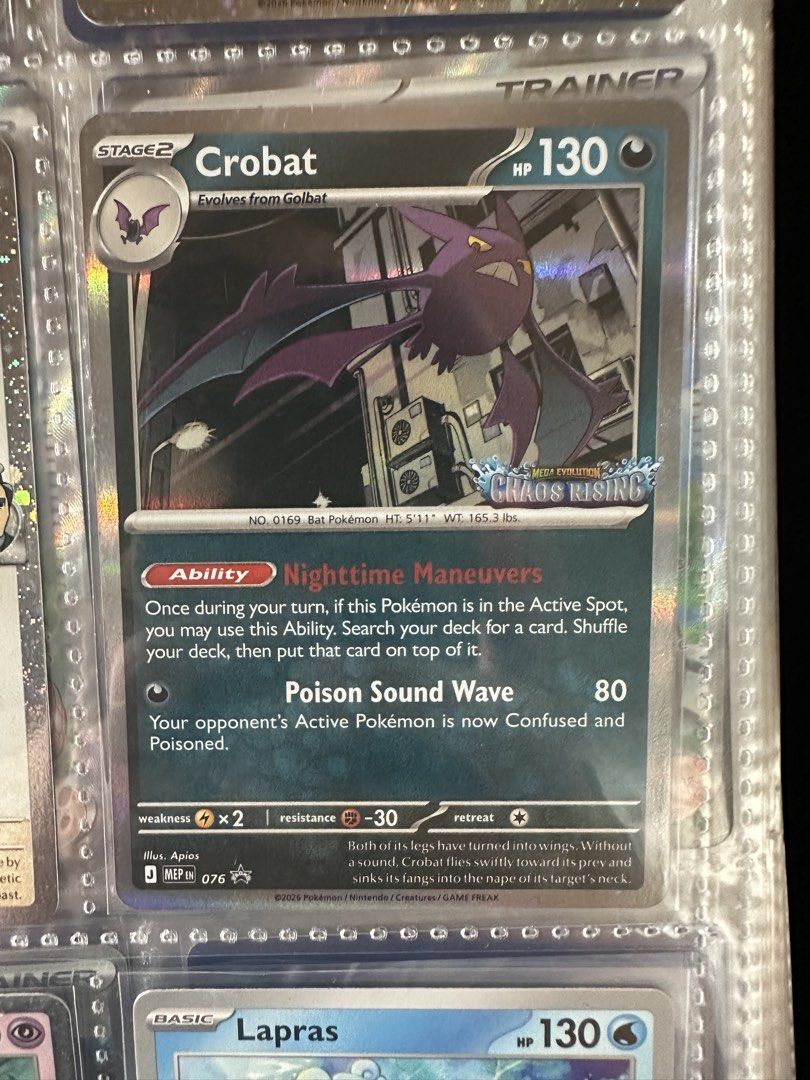 Crobat Pre-Release Chaos Rising Pokemon TCG (Category: Raw Singles) located in San Fernando. Submitted by renleads (Listing ID 1451333280, Image 1). Description: RFS: Unblinging decks/decluttering Shipping shouldered by buyer; cards from Pampanga; free shipping if will get 3+ cards Meet-up: Can do at Boni MRT Station but need to schedule ahead of time; or San Fernando, Pampanga.